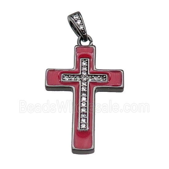 copper Cross pendant pave zircon red enamel black plated