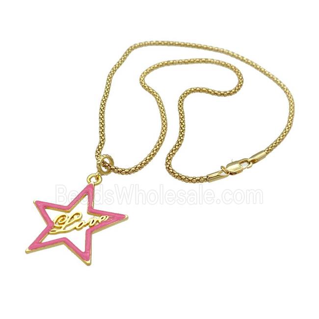 copper Necklace with star Love pink enamel gold plated