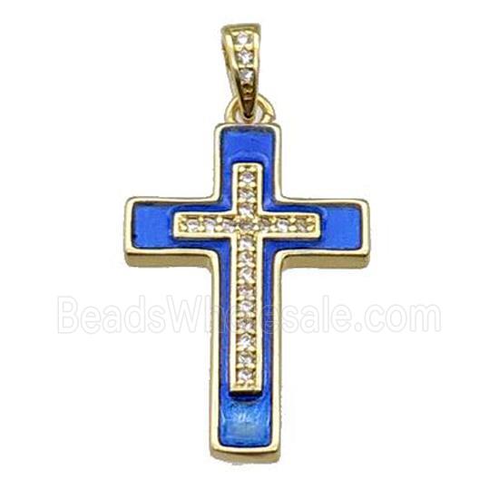 copper Cross pendant pave zircon blue enamel gold plated