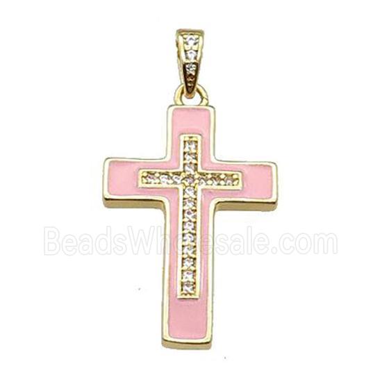 copper Cross pendant pave zircon pink enamel gold plated