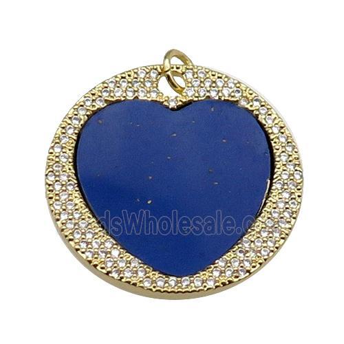 copper circle pendant pave zircon blue heart lapis gold plated