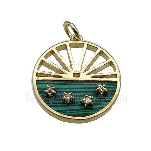 copper circle pendant pave zircon malachite sun gold plated
