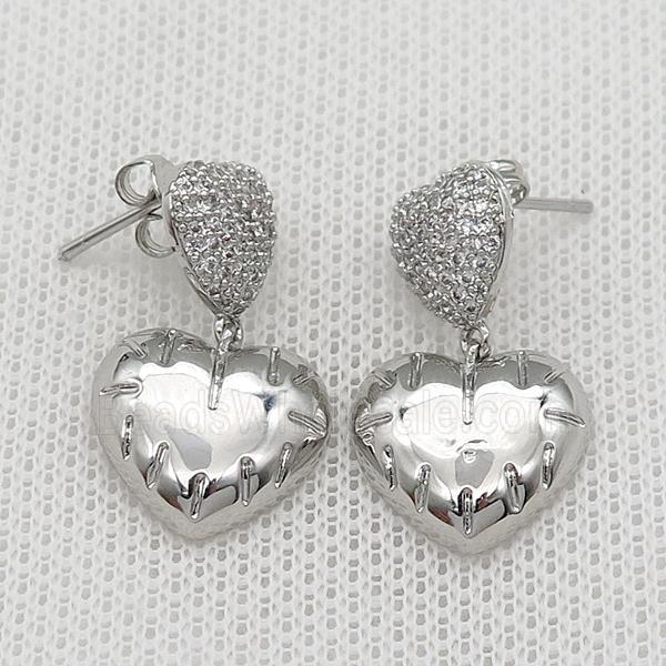 copper Stud Earring pave zircon heart platinum plated