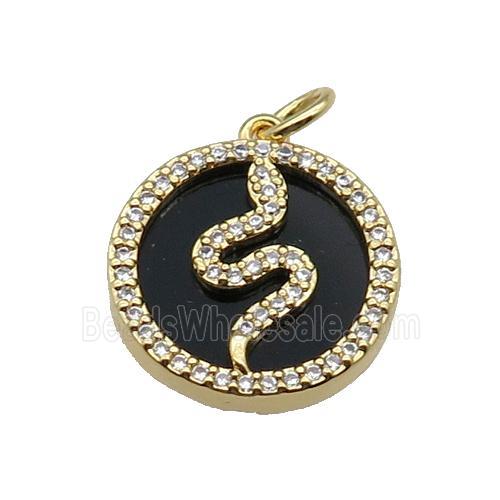 copper circle snake pendant pave zircon black stone gold plated