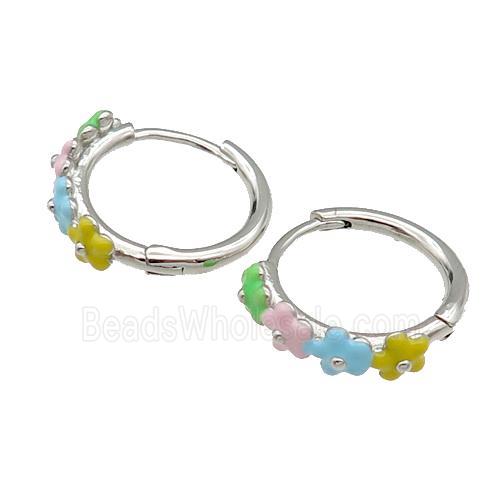 copper Hoop Earrings flower multicolor enamel platinum plated