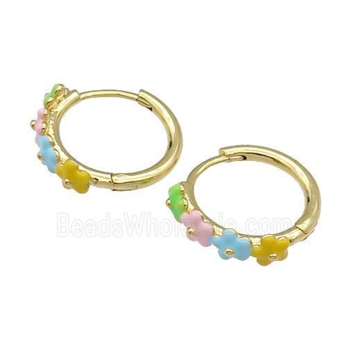 copper Hoop Earrings flower multicolor enamel gold plated