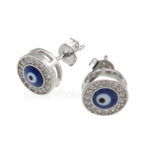 copper Evil Eye Stud Earring pave zircon blue enamel platinum plated