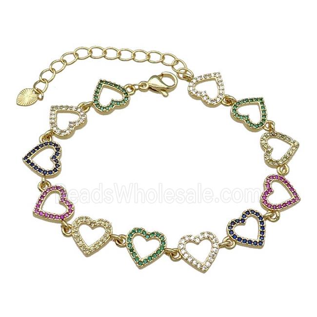 Copper Heart Bracelet Pave Multicolor Zircon Gold Plated