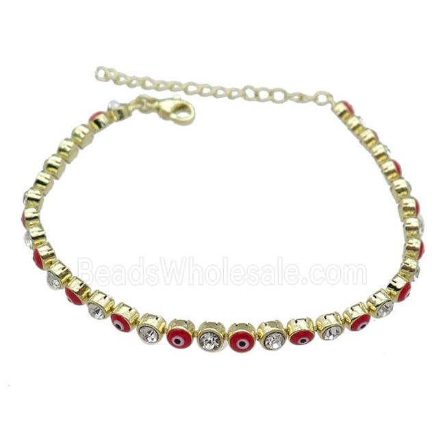 Copper Red Enamel Evil Eye Bracelet Pave Zircon Gold Plated