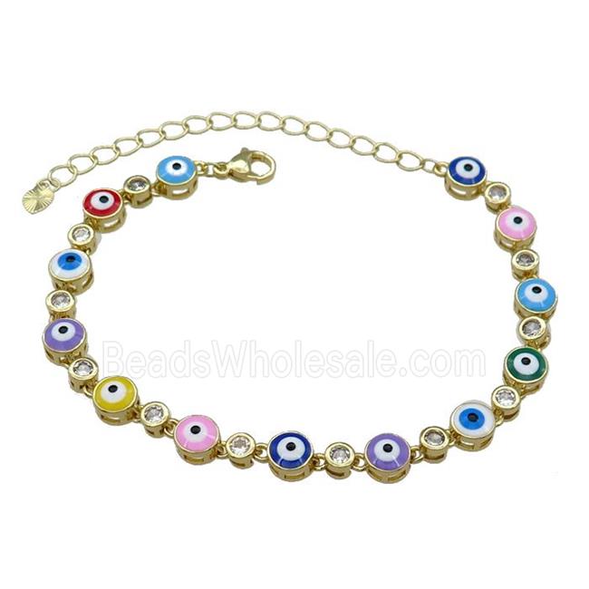 Copper Multicolor Enamel Evil Eye Bracelet Pave Zircon Gold Plated