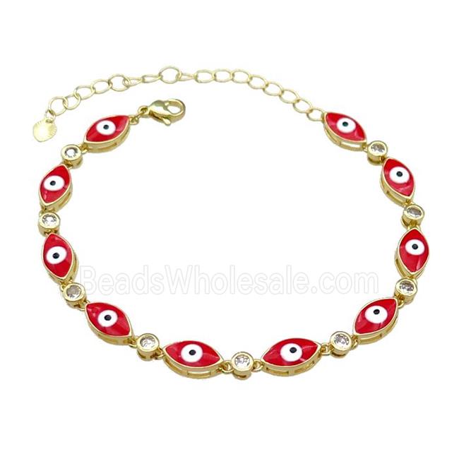 Copper Red Enamel Evil Eye Bracelet Pave Zircon Gold Plated