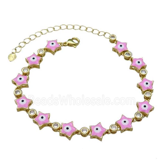 Copper Star Pink Enamel Evil Eye Bracelet Pave Zircon Gold Plated