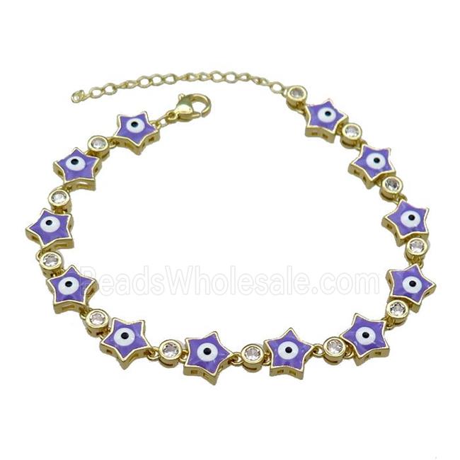 Copper Star Lavender Enamel Evil Eye Bracelet Pave Zircon Gold Plated