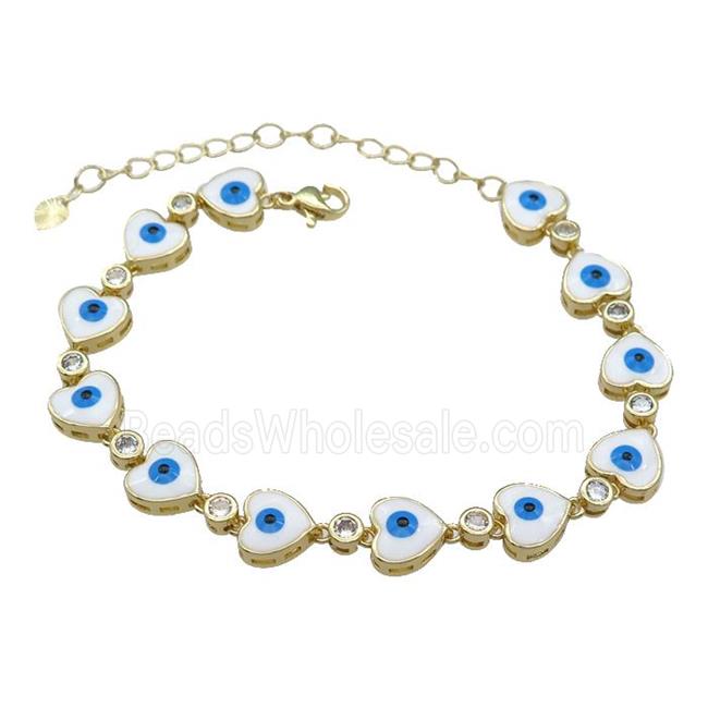 Copper Heart White Enamel Evil Eye Bracelet Pave Zircon Gold Plated