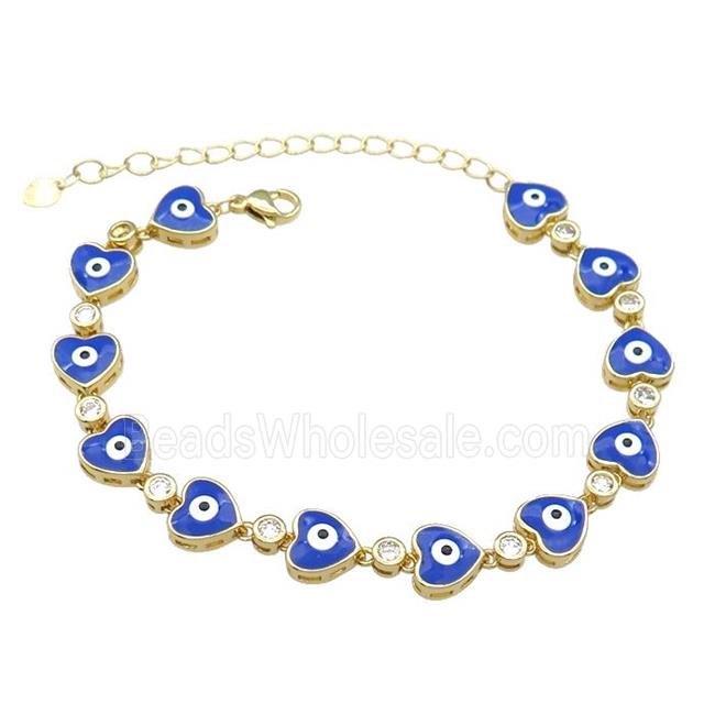 Copper Heart Blue Enamel Evil Eye Bracelet Pave Zircon Gold Plated