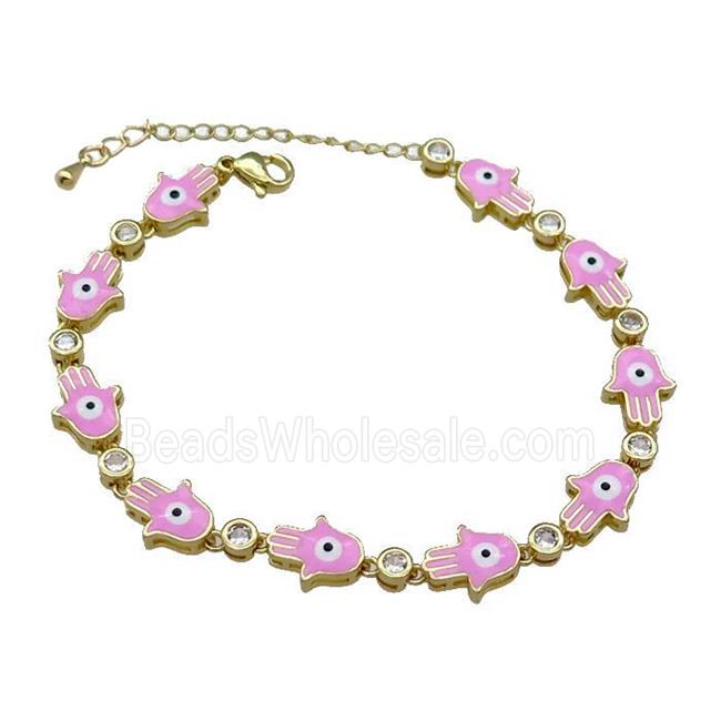 Copper Hamsahand Bracelet Evil Eye Pink Enamel Gold Plated