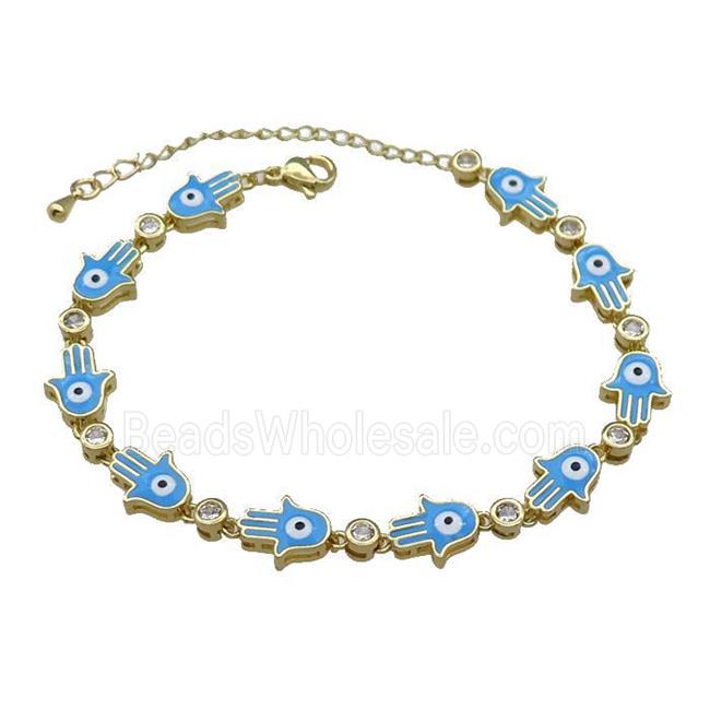 Copper Hamsahand Bracelet Evil Eye Blue Enamel Gold Plated