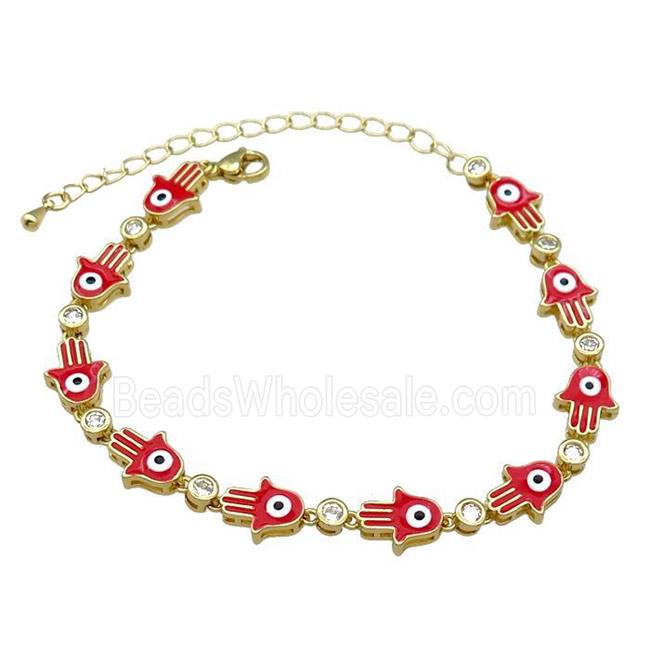 Copper Hamsahand Bracelet Evil Eye Red Enamel Gold Plated