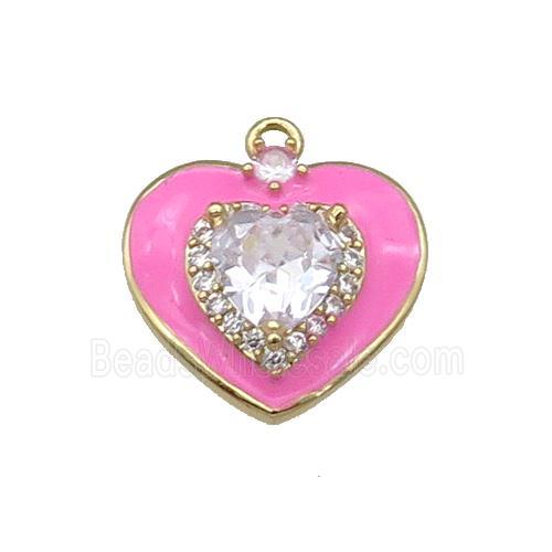 Copper Heart Pendant Pave Zircon Hotpink Enamel Gold Plated