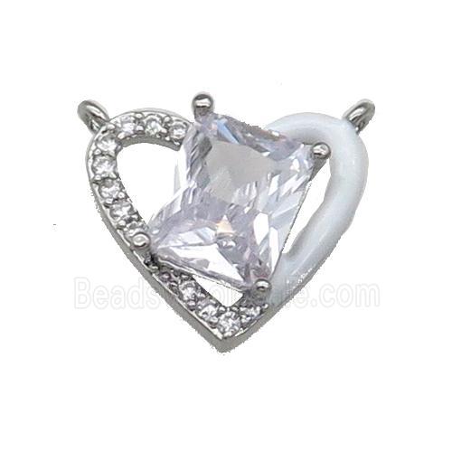 Copper Heart Pendant Pave Zircon With 2loops White Enamel Platinum Plated