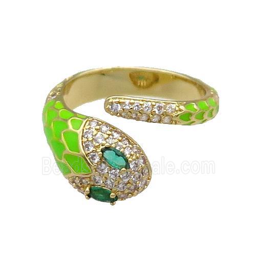 Copper Snake Ring Pave Zircon Green Enamel Gold Plated