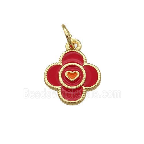 Copper Clover Pendant Red Enamel Gold Plated