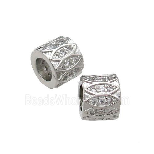 Copper Tube Beads Pave Zircon Large Hole Platinum Plated