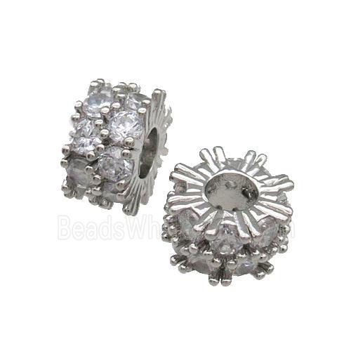 Copper Rondelle Beads Pave Zircon Large Hole Platinum Plated