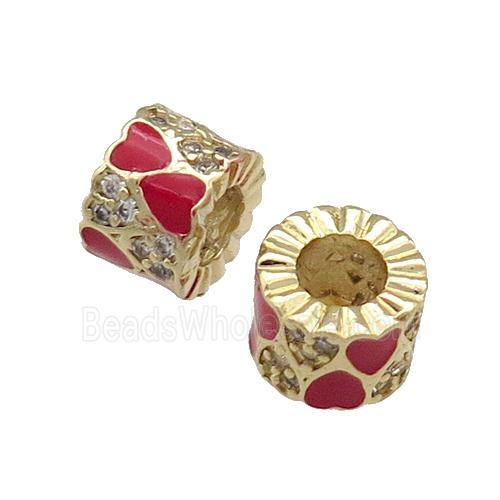 Copper Tube Beads Pave Zircon Red Enamel Large Hole Gold Plated