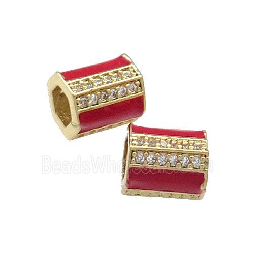 Copper Tube Beads Pave Zircon Red Enamel Large Hole Gold Plated