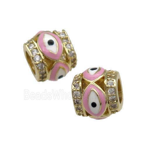 Copper Tube Beads Pave Zircon Pink Enamel Evil Eye Large Hole Gold Plated