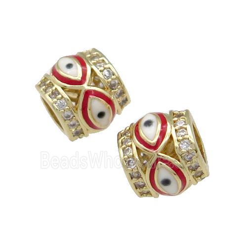 Copper Tube Beads Pave Zircon Red Enamel Evil Eye Large Hole Gold Plated