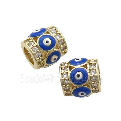 Copper Tube Beads Pave Zircon Blue Enamel Evil Eye Large Hole Gold Plated