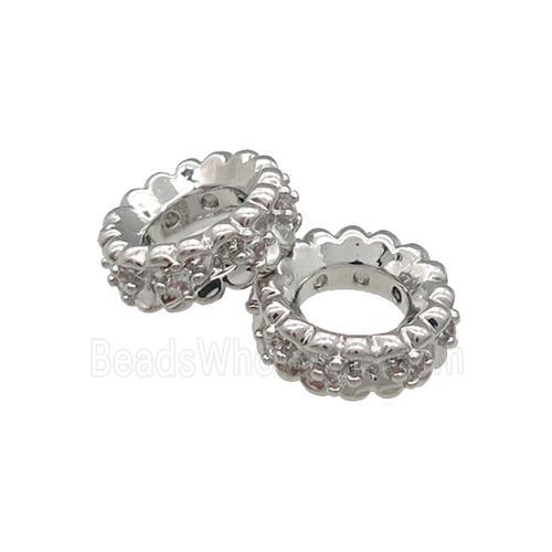 Copper Rondelle Spacer Beads Pave Zircon Large Hole Platinum Plated