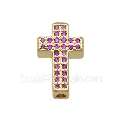 Copper Cross Beads Pave Hotpink Zircon Gold Plated