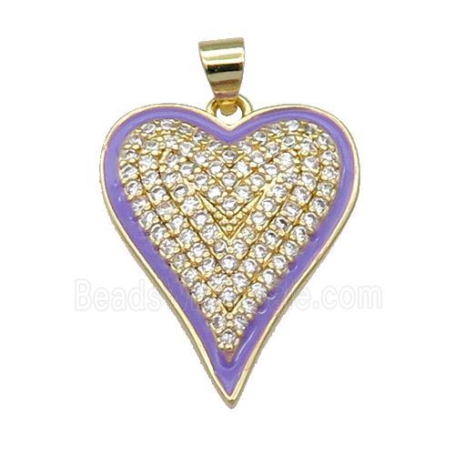 Copper Heart Pendant Pave Zircon Lavender Enamel Gold Plated