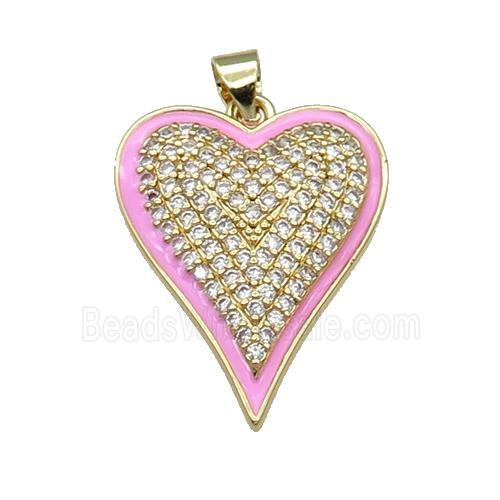 Copper Heart Pendant Pave Zircon Pink Enamel Gold Plated