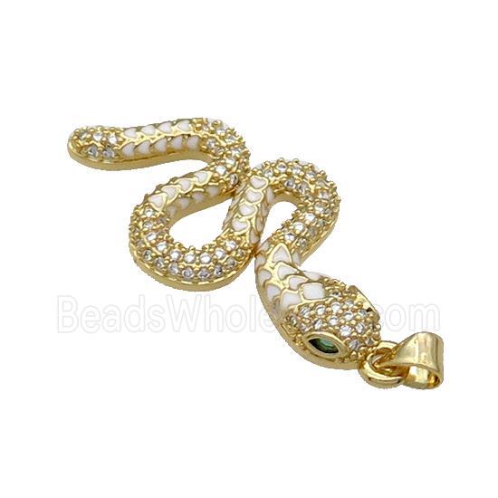 Copper Snake Charm Pendant Pave Zircon White Enamel Gold Plated