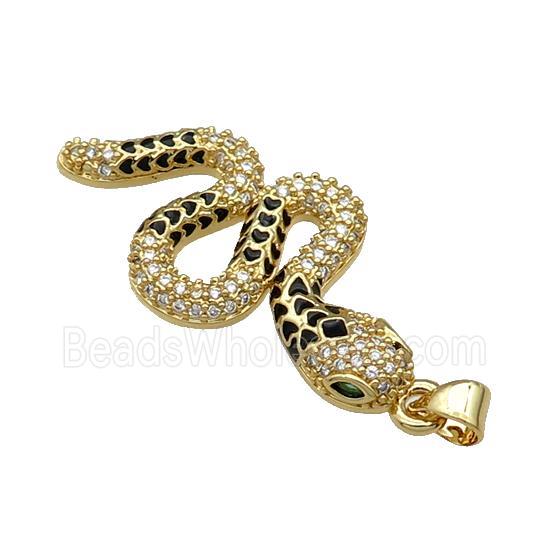 Copper Snake Charm Pendant Pave Zircon Black Enamel Gold Plated