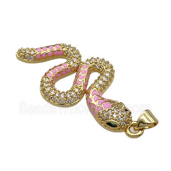 Copper Snake Charm Pendant Pave Zircon Pink Enamel Gold Plated