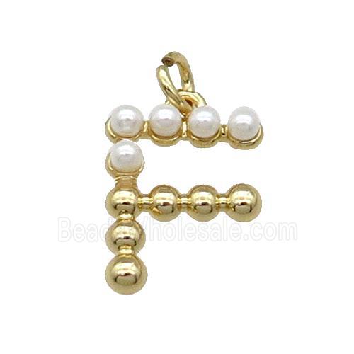 Copper Letter-F Pendant Pave Pearlized Glass Gold Plated
