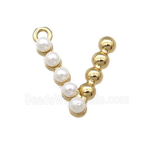 Copper Letter-V Pendant Pave Pearlized Glass Gold Plated