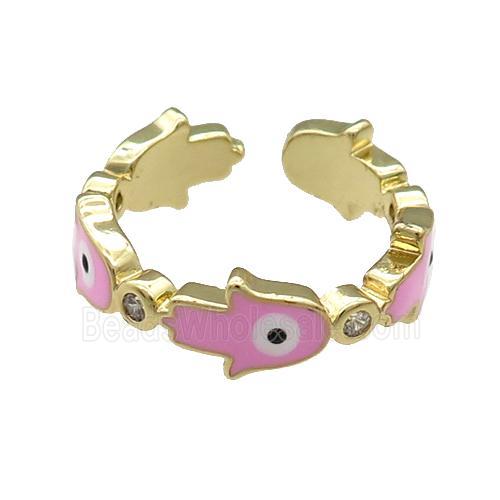 Copper Hamsahand Ring Pink Enamel Evil Eye Gold Plated