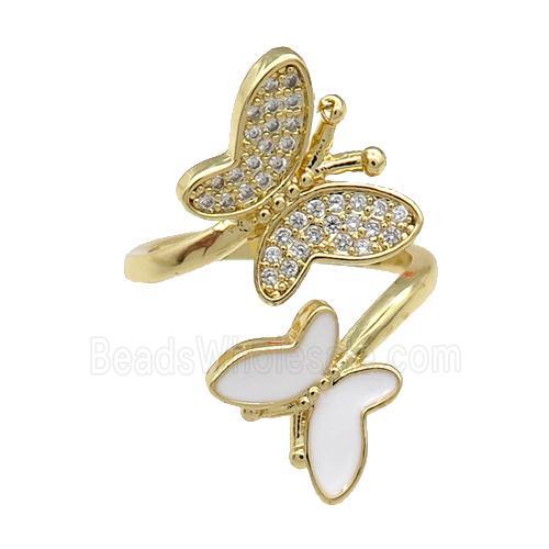 Copper Butterfly Ring Pave Zircon White Enamel Gold Plated