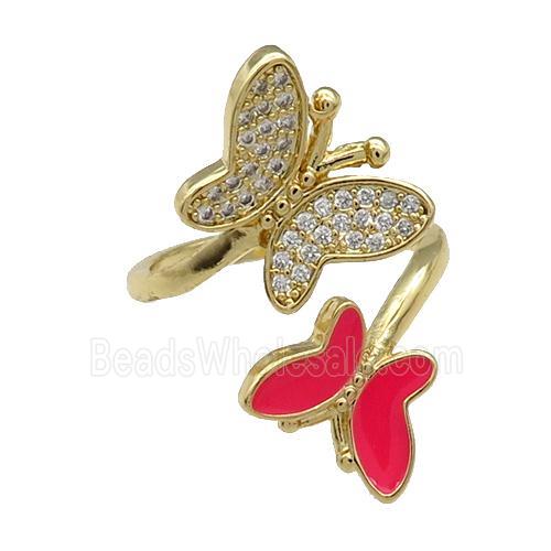 Copper Butterfly Ring Pave Zircon Red Enamel Gold Plated