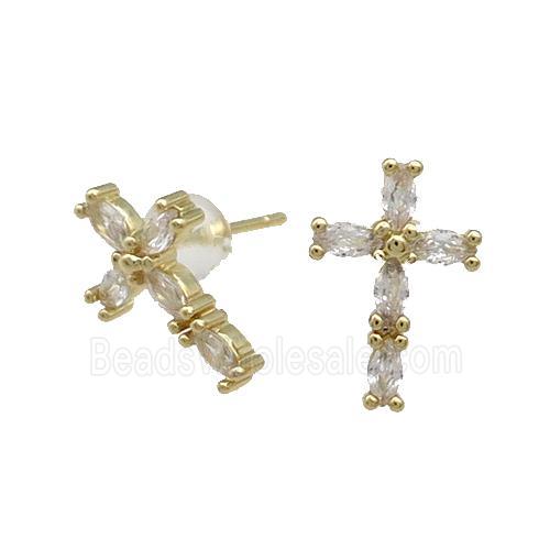 Copper Cross Stud Earring Pave Zircon Gold Plated