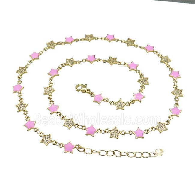 Copper Star Necklace Pave Zircon Pink Enamel Gold Plated