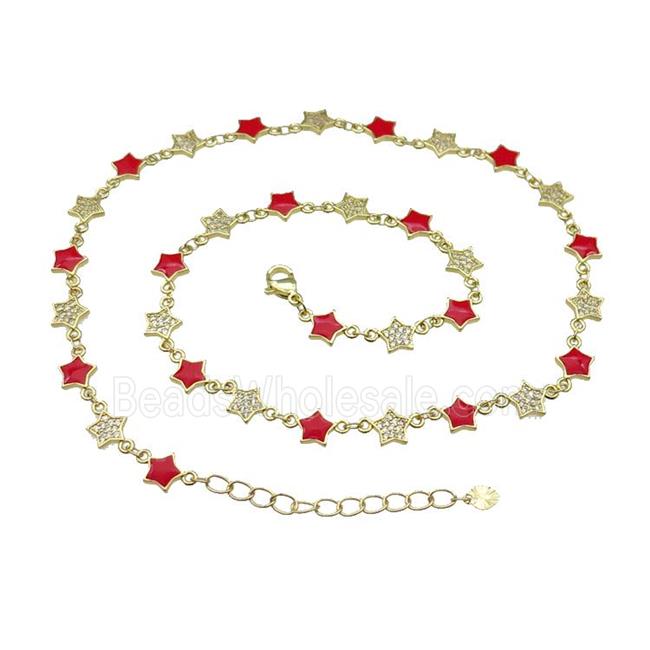 Copper Star Necklace Pave Zircon Red Enamel Gold Plated