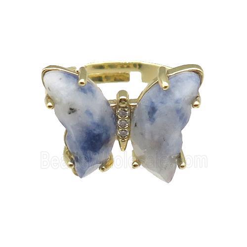 Blue Dalmatian Jasper Ring Adjustable Gold Plated