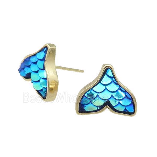 Copper Mermaid Tail Stud Earring Blue Resin Gold Plated
